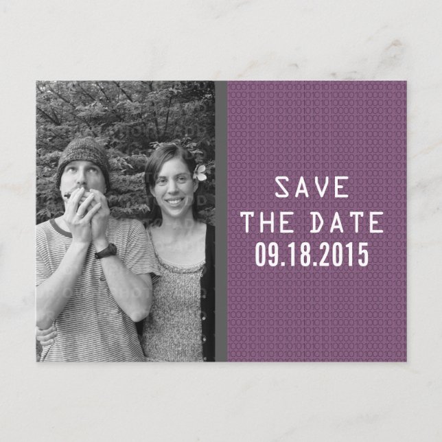 Purple Binary Code Photo Save the Date Postcard (Front)