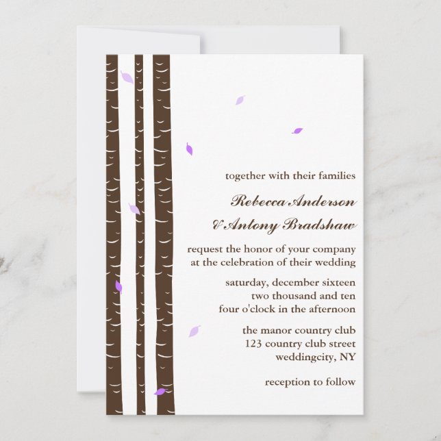 Purple Birch Trees Wedding Invitation (Front)