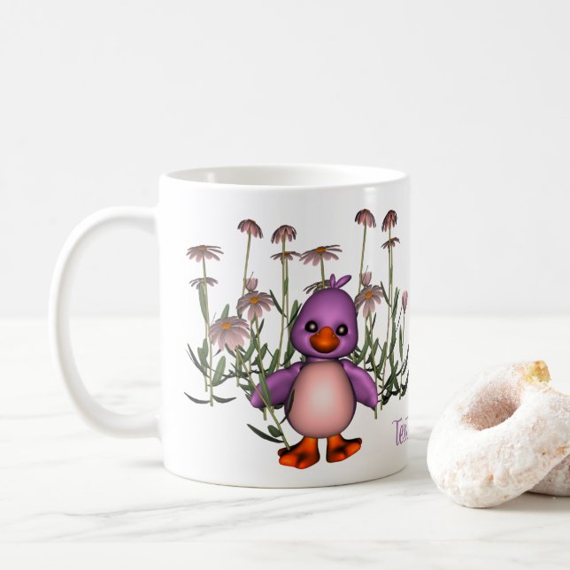 Purple Bird And Daisies Cute Personalized Coffee Mug (With Donut)
