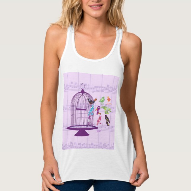 Purple Birdcage & Birds Sheet Music Tank Top (Front)