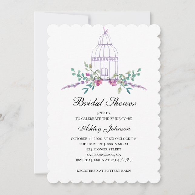 Purple birdcage bridal shower invitation. Flowers Invitation (Front)