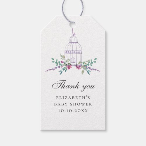 Purple birdcage Floral baby shower thank you Gift Tags