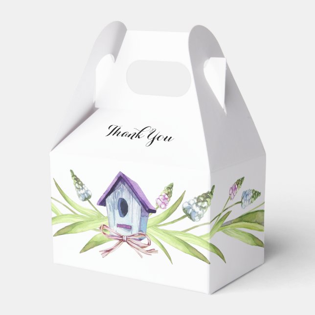 Purple Birdhouse Lavender Stems Baby Shower Favor Boxes (Front Side)