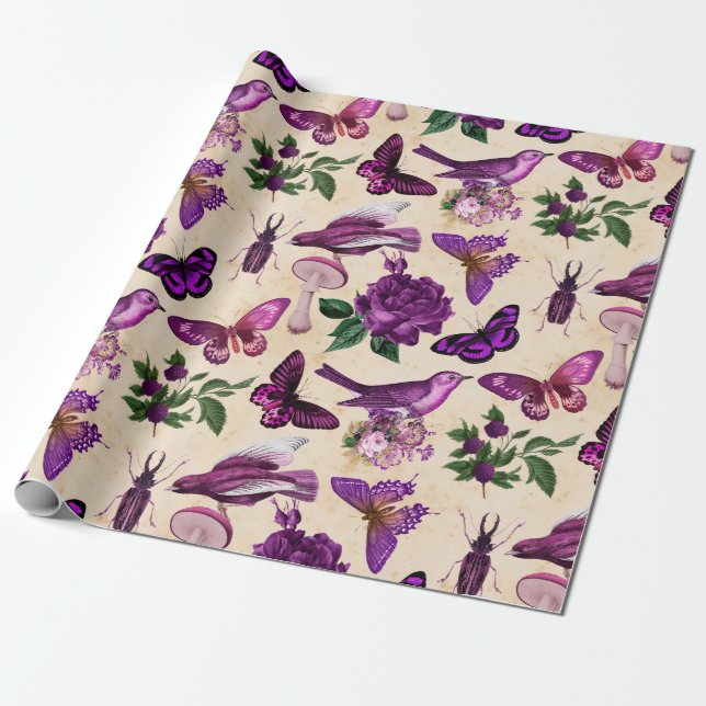 Purple Birds Butterflies and Mushrooms Wrapping Paper (Unrolled)