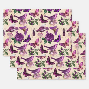 Purple Birds Butterflies and Mushrooms Wrapping Paper Sheets