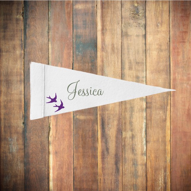Purple Birds Script Sage Green Name Pennant Flag (Creator Uploaded)