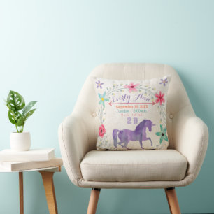 Purple Birth Stats Girl Magical Creatures Unicorn Throw Pillow