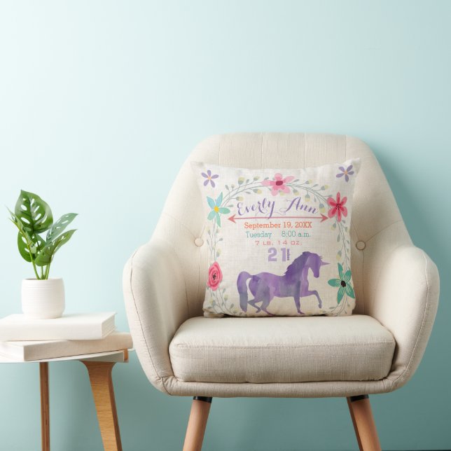 Purple Birth Stats Girl Magical Creatures Unicorn Throw Pillow (Chair)
