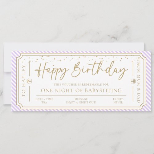 Purple Birthday Babysitting Gift Voucher Card