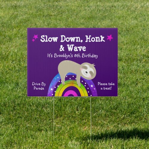 Purple Birthday Cute Sloth Rainbow Car Parade Yard Sign