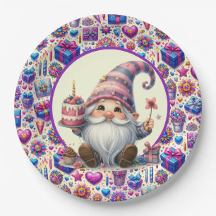 Purple Birthday Gnome Paper Plates