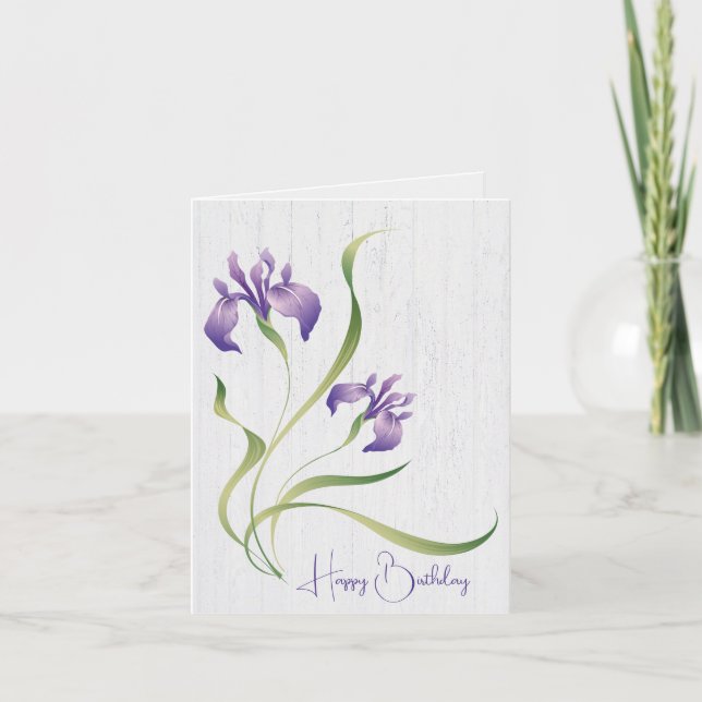 Purple Birthday Iris On Wood Card (Front)