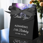 Purple Birthday Party 70's Disco Ball Thank You Favor Boxes<br><div class="desc">Elevate your 70th birthday celebration with our Purple 70th Birthday Party 70's Disco Ball Favor Box. This favor box captures the essence of the disco era, making it the perfect choice for a disco-themed bash or any event where you want to infuse a touch of '70s magic. In a dazzling...</div>