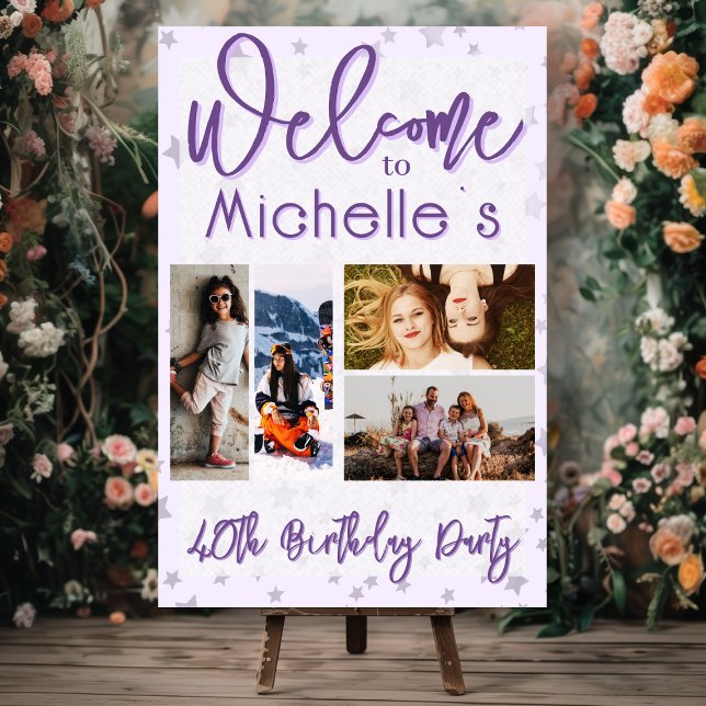 Purple Birthday Party Photo Collage Welcome Acrylic Sign (Creator Uploaded)