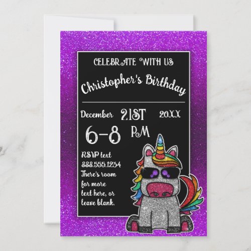 Purple Birthday Party Rainbow Glitter Unicorn Invitation