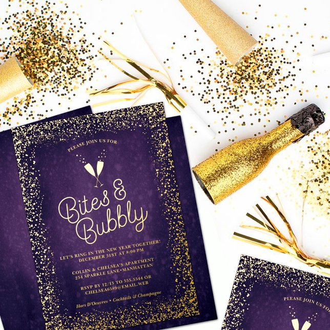  Purple Bites & Bubbly Holiday Gold Foil Invitation (Creator Uploaded)