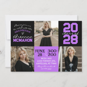 Purple & Black 3 Photo Graduation Invitation