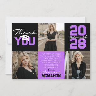 Purple & Black 3 Photo Graduation Thank You Invitation