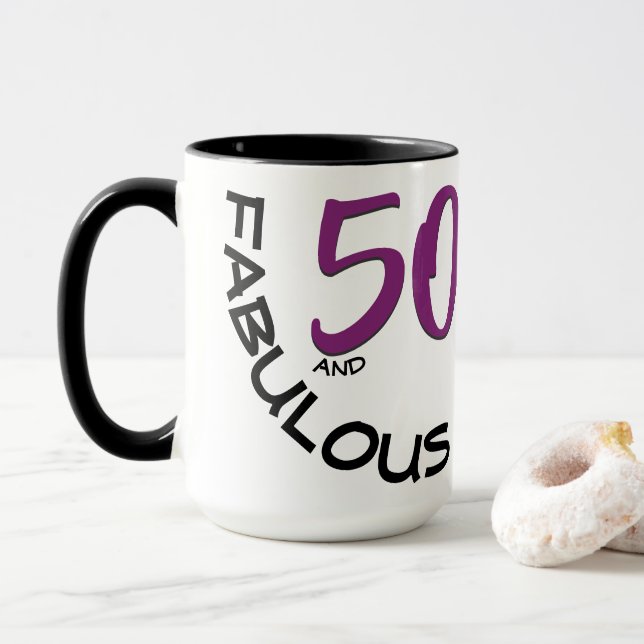 Purple & Black 50 and Fabulous Birthday Typography Mug (With Donut)