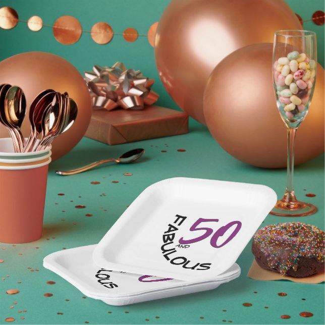 Purple & Black 50th Birthday Party Typography Paper Plates (Multi)
