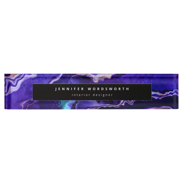 Purple Black Agate Geode Modern Professional Desk Name Plate (Front)