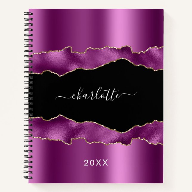 Purple black agate marble name script  notebook (Front)
