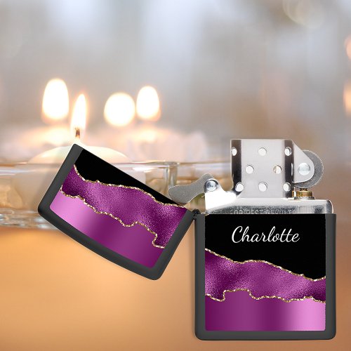 Purple black agate marble name script zippo lighter