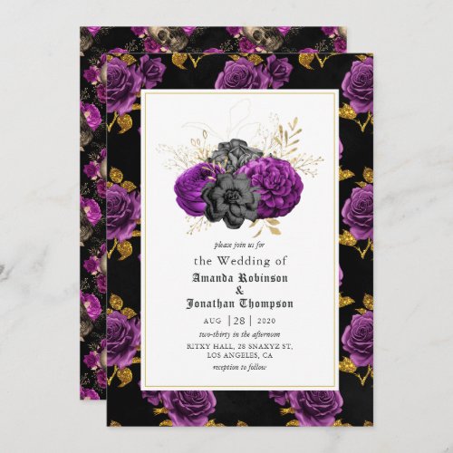 Purple Black and Gold Floral Gothic Wedding Invitation