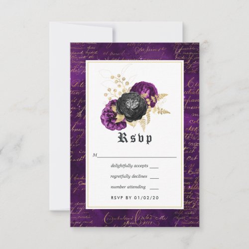 Purple Black and Gold Floral Gothic Wedding RSVP Card