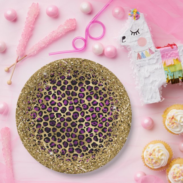 Purple Black and Gold Glittery Foil Leopard Glam Paper Plates (Party)
