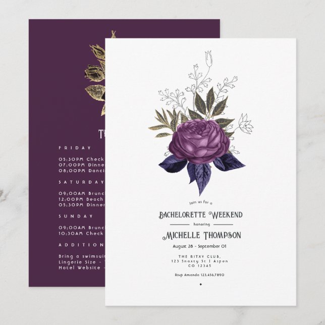 Purple Black and Gold Gothic Bachelorette Weekend Invitation (Front/Back)