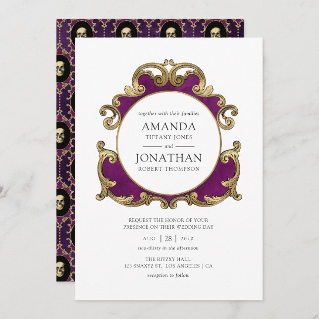 Purple, Black and Gold Gothic Wedding Invitation (Front/Back)