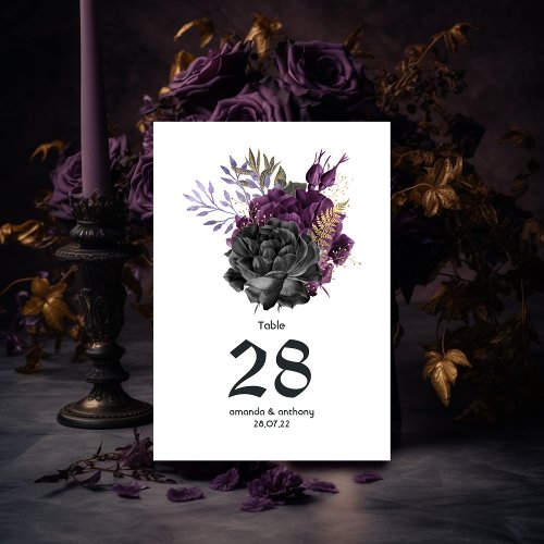 Purple Black and Gold Gothic Wedding Table Number
