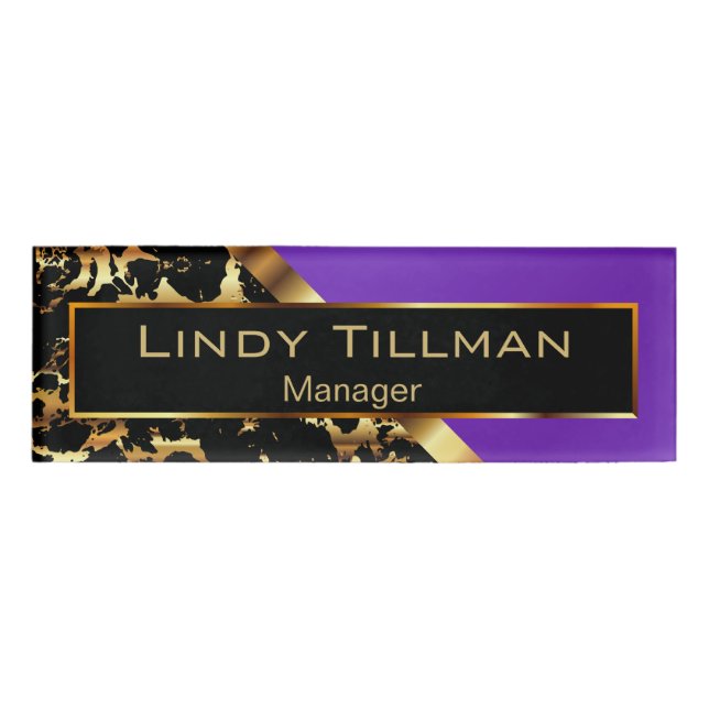 Purple, Black and Gold Marble 2 Name Tag (Front)