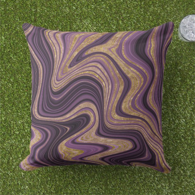 Purple Black and Gold Marble Look Pattern  Outdoor Pillow (Grass)