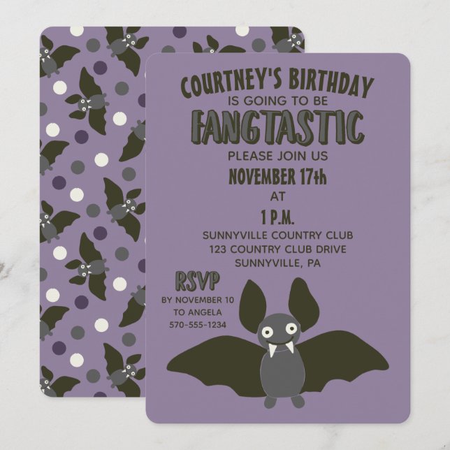 Purple Black and Gray Cartoon Bat Cute Party Invitation (Front/Back)