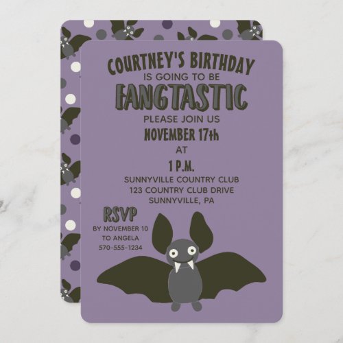 Purple Black and Gray Cartoon Bat Cute Party Invitation