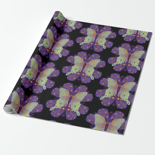 Purple, Black, and Pale Blue Butterfly  Wrapping Paper (Unrolled)