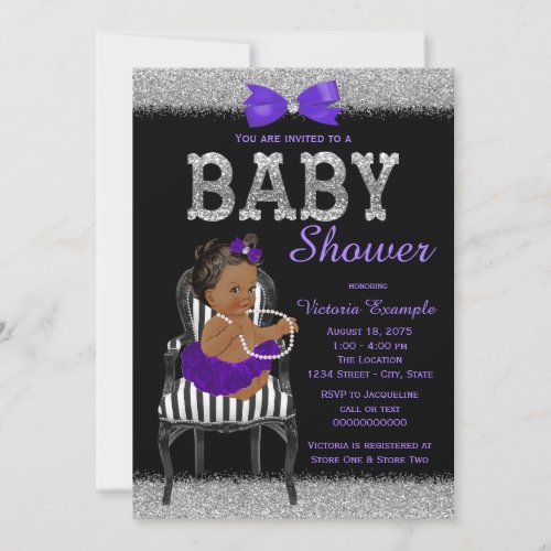 Purple Black and Silver Ethnic Girl Baby Shower Invitation
