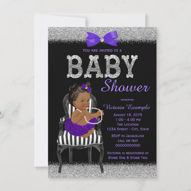 Purple Black and Silver Ethnic Girl Baby Shower Invitation (Front)
