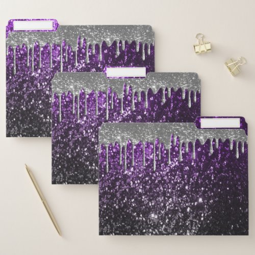 Purple Black and Silver Glitter Drip File Folder