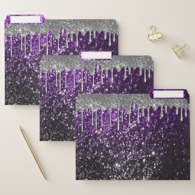 Purple, Black and Silver Glitter Drip File Folder (Set)