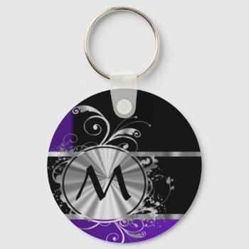 Purple Black And Silver Keychain by monogramgiftz at Zazzle
