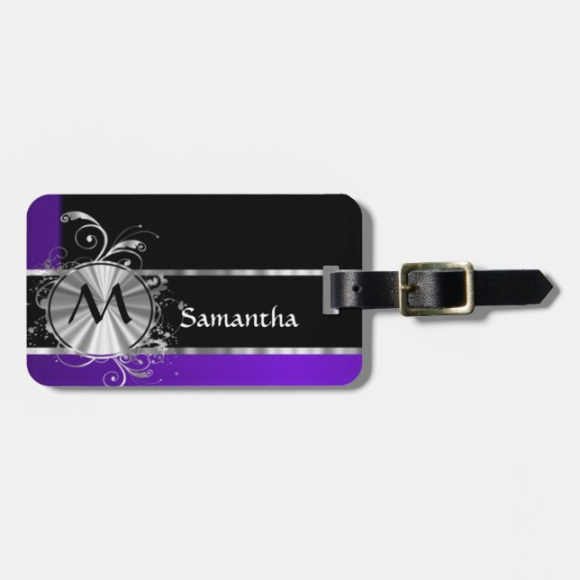 Purple black and silver luggage tag (Front Horizontal)