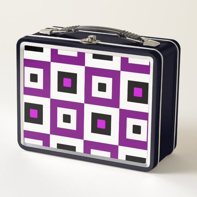Purple Black and White Checkered Squares Pattern Metal Lunch Box (Front)