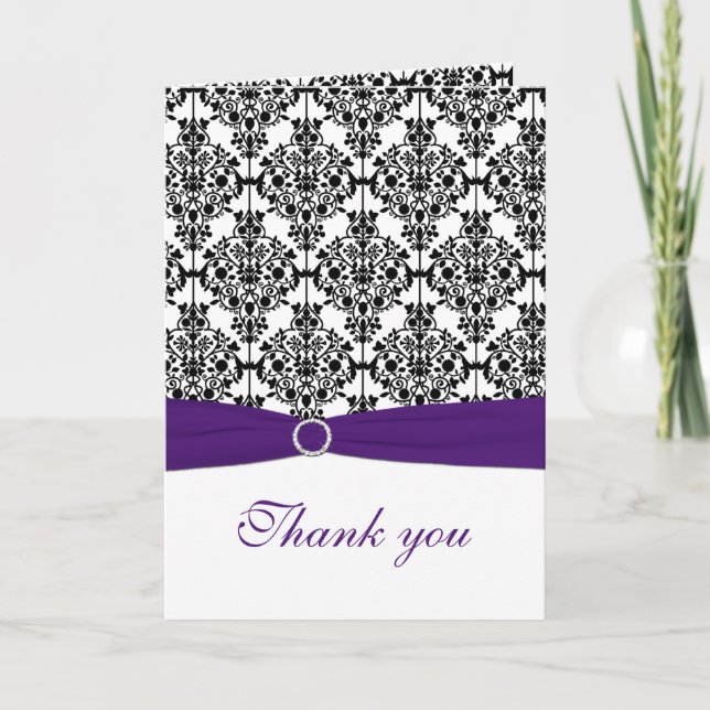 Purple, Black, and White Damask Thank You Card (Front)