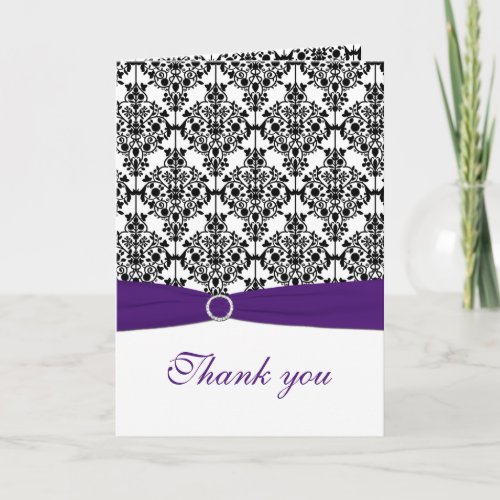 Purple Black and White Damask Thank You Card