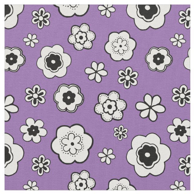 Purple, Black and White Floral Fabric (Close Up)