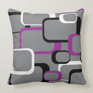 Purple Black and White Retro Squares Gray Throw Pillow