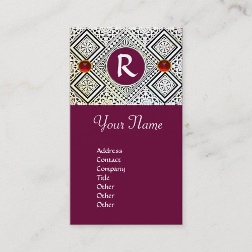 PURPLE BLACK AND WHITE ROMAN EAGLE DAMASK MONOGRAM BUSINESS CARD